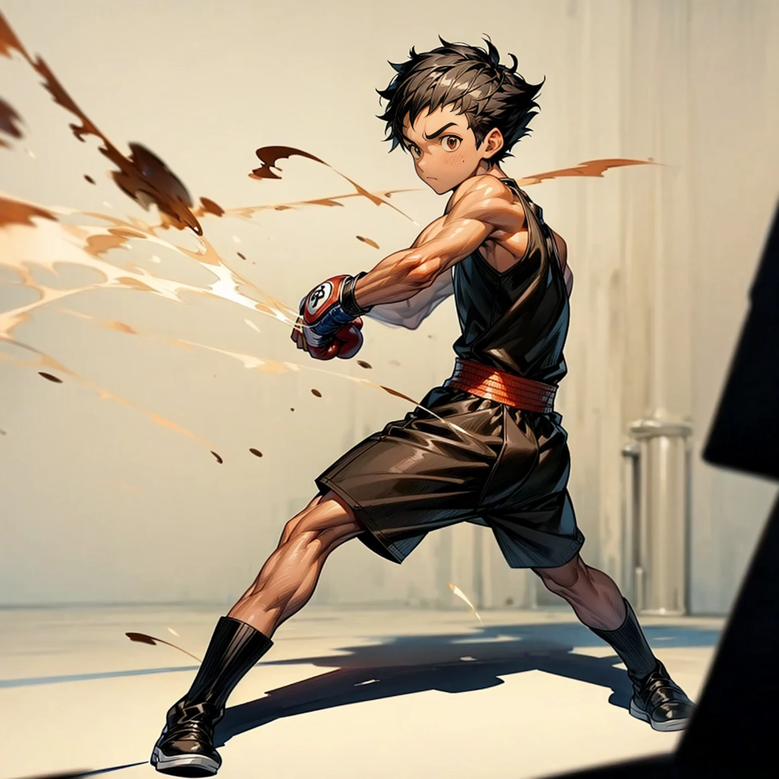 1boy, Full body version, 1character, brown eyes color, tan skin, bowl hairstyle, black colour hair, muscle, Boxing outfit clothing, boots, Grassroots background in city, motion blur, (one piece style art), shadow, no weapon, boxing gloves, boxing, Plasma effect, smoke effect, 