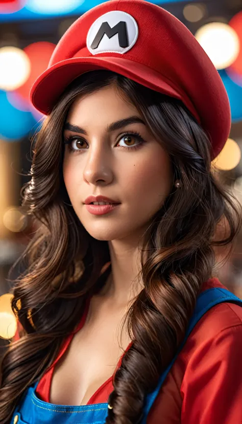 film photo portraits  (((dark brown hair woman))) super mario, red hat, fantasy, very detailed, number, art station, concept art...