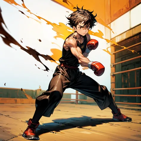 1boy, full body version, 1character, brown eyes color, tan skin, bowl hairstyle, black colour hair, muscle, boxing outfit clothi...