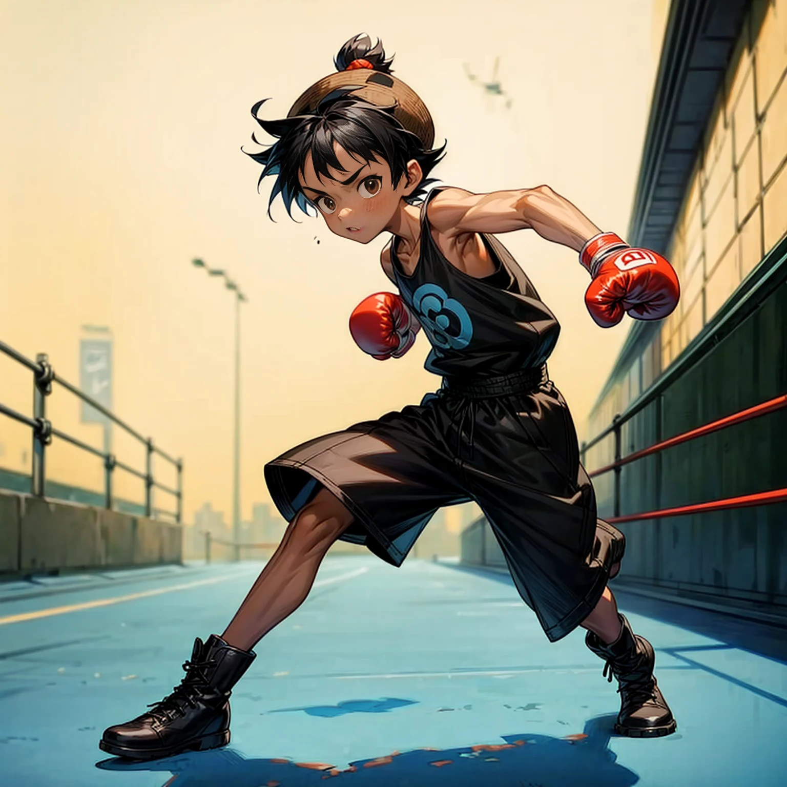 1little boy, Full body version, 1character, brown eyes color, tan skin, bowl hairstyle, black colour hair, streetwear style clothing, boots, blue hat, Grassroots background in city, motion blur, (one piece style art), shadow, no weapon, boxing gloves, boxing