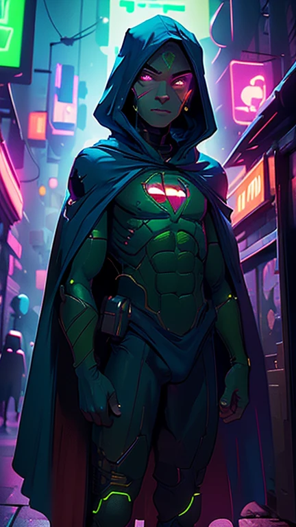 best quality,masterpiece,1boy,solo,(((13years old))),green alien boy,an extremely cute and handsome boy,highly detailed beautiful face and eyes,petit,cute face,lovely face,baby face,green skin,shy smile,show teeth, no hair,bald,flat chest,skinny,slender,(((wearing a Martian manhunter costume,blue cape))),(((standing in Dark Midnight Neon Glow light Cyberpunk metropolis city))),he is looking at the viewer,