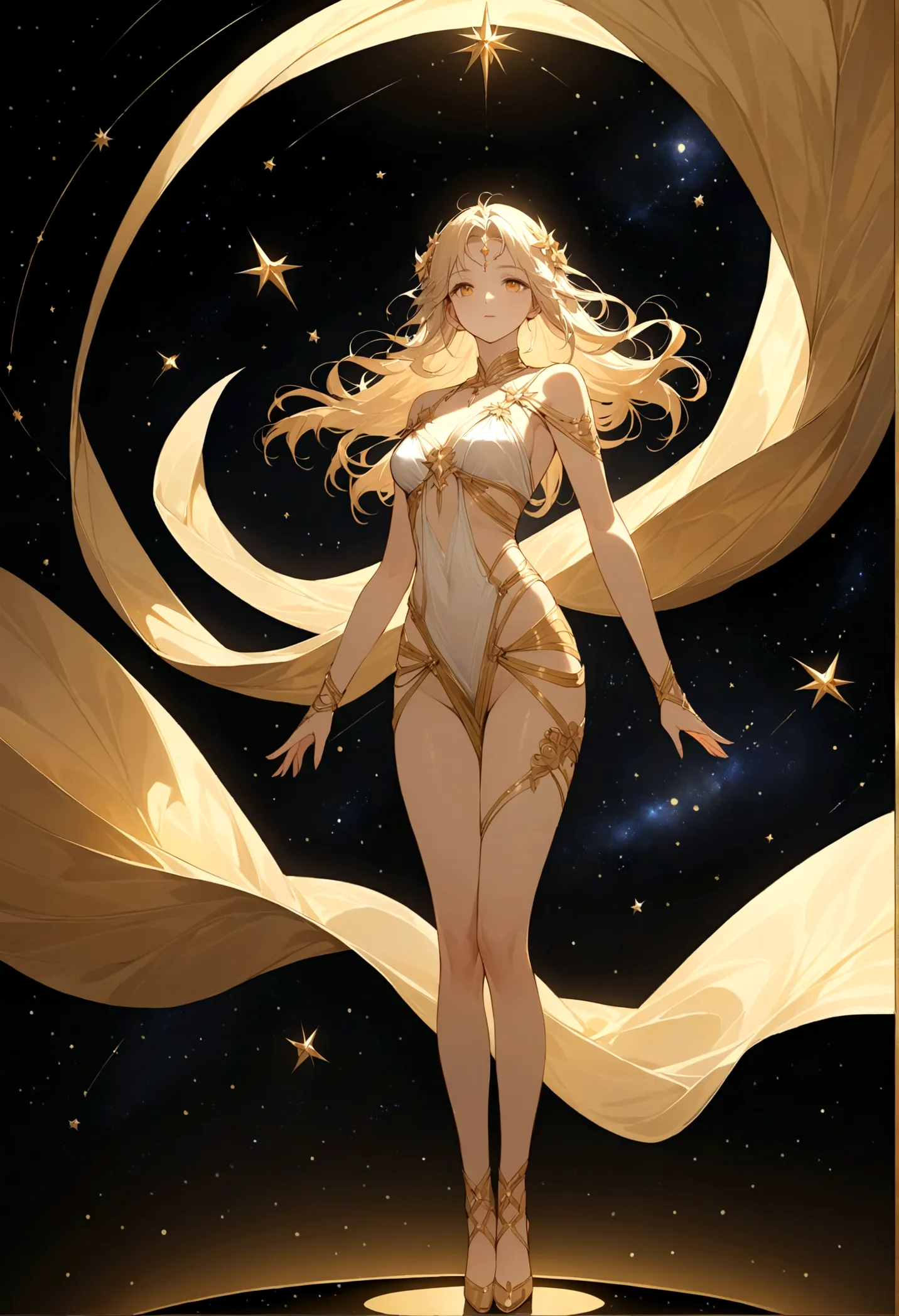 (masterpiece、highest quality、High resolution、8K)、Alone in space、Greek Goddess、Standing posture、whole body、Super beautiful、(Float...