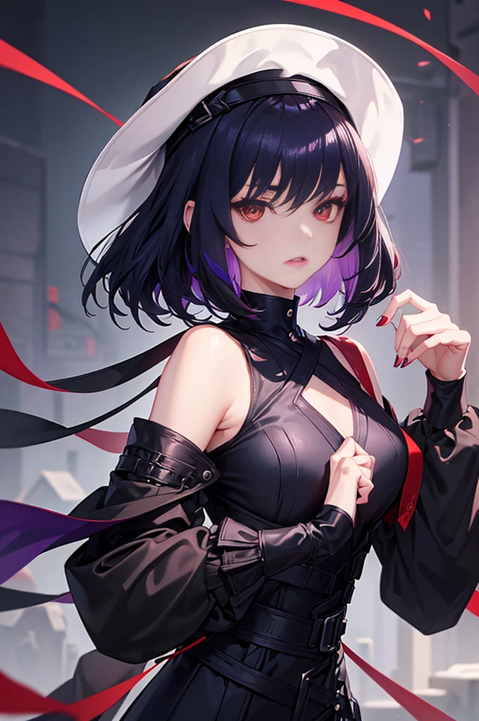 a beautiful girl with violet hair wearing a black dress, extremely detailed facial features, bob haircut, woman wearing a long black and red coat, solo character, white background, anime style, very detailed, photorealistic, 8k, best quality, masterpiece, red eyes, short hair