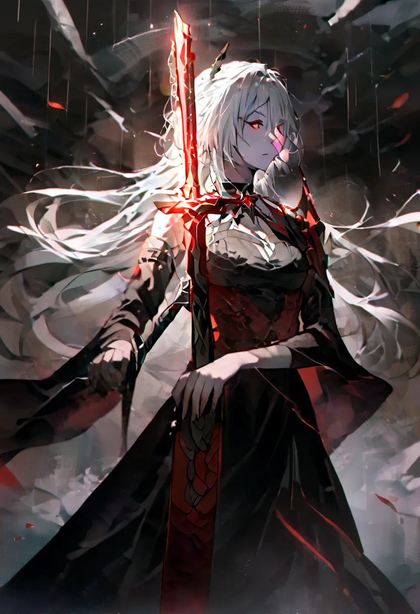 woman with long white hair with red strokes, detailed red eyes, holding a large red sword, with black clothes