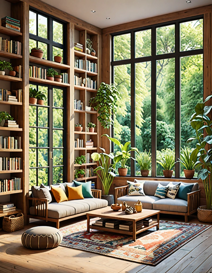 Create a hyper-realistic image of a cozy, sunlit room with a low wooden table and floor cushions. The room should have a large window letting in natural light, illuminating the space. Include elements such as potted plants, a patterned rug, and bookshelves filled with books and small decorative items. The window should offer a view of a lush garden outside. Use warm, inviting colors and soft lighting to enhance the cozy atmosphere. The overall scene should be serene and welcoming, capturing the essence of a peaceful and comfortable living space