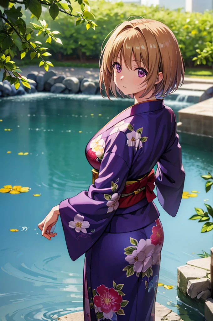 (masterpiece:1.3), (best quality:1.1), (8k, ultra detailed, ultra high res:1.2), ((anime style)), perfect 5 fingers, perfect anatomy, 
1girl,
Kushida Kikyou, 
short hair, 
bronze hair, 
(purple eyes:1.2), small eyes, 
large breasts, 
(floral printed kimono, beautiful detailed lens flare),
looking at viewer, 
cowboy shot, 
natural light, standing, arm behind back, looking back, detail background, outdoor, outside, Pond at your feet, Fireworks reflected on the pond, BREAK, evening,