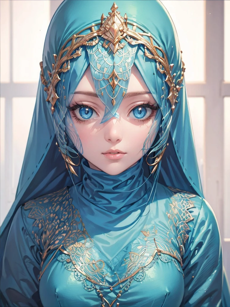 one hijabi girl, blue and cream clothes, beautiful detailed eyes, beautiful detailed lips, extremely detailed face and portrait, long eyelashes, serene expression, hijab covering head, full body shot, natural daylight, intricate details, soft lighting, warm color tones, muted colors, photorealistic, 8k, high resolution, masterpiece, cinematic, concept art style