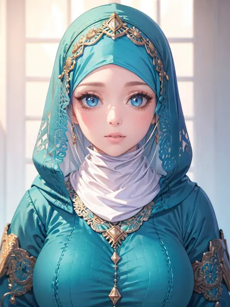 one hijabi girl, blue and cream clothes, beautiful detailed eyes, beautiful detailed lips, extremely detailed face and portrait,...