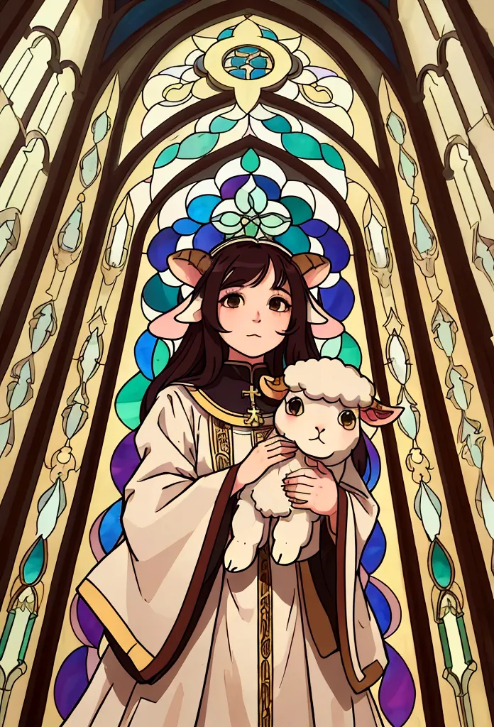 I want the style of church stained glass，The Capricorn sheep head needs to be a frontal face and the style should be a simple ca...