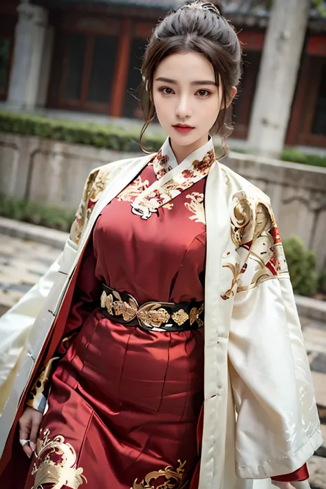 ((You are a beautiful woman.)), Fei Yu_robes, hips up, Scenery of ancient Chinese houses, Evening, red mouth, High nose, big bre...