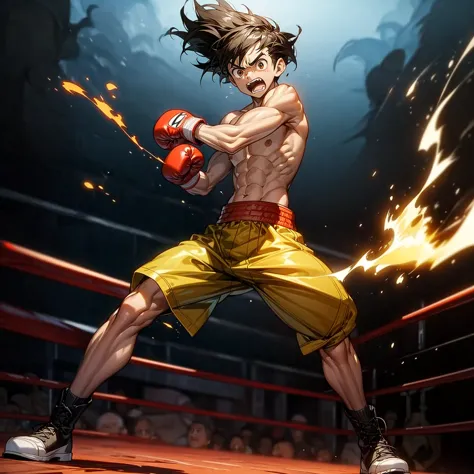 1boy, full body version, 1character, brown eyes color, tan skin, bowl hairstyle, black colour hair, largest muscle, boxing outfi...