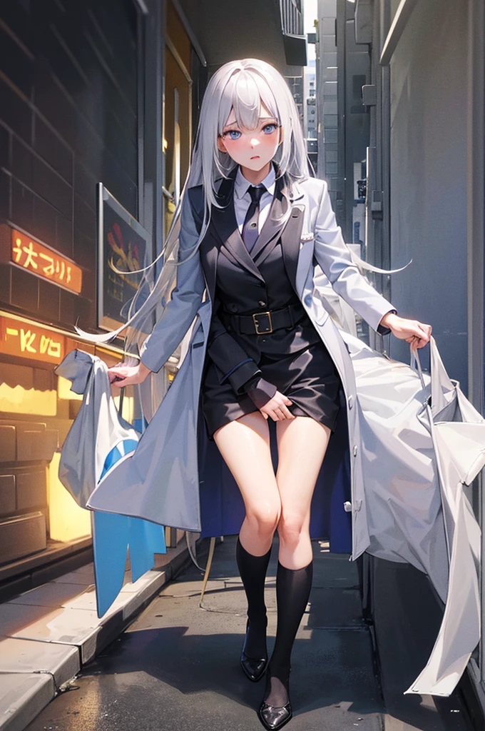 (Highest quality), (High resolution), (masterpiece), (Super detailed), Silver Hair, Long Hair, Blue and purple eyes, Blue Archive Art Style, One girl,  girl, Young Girl, Silky skin, Shiny skin, An athletic body, blush, Heavy breathing, chest, (Open clothes, Black long coat, White shirt, Black tie, Black trousers, My crotch is wet), Diagram from the front, (Bright saturation), Dripping love juice, Heart Pupil, Expression of pleasure, Trembling with sexual climax, Heavy breathing, Night Alley