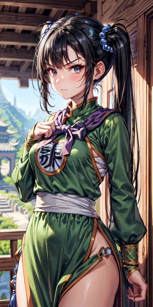 masterpiece, best quality, 4k, 8k, fighter (dq3), 1girl, solo, long hair, twintails, looking at viewer, black hair, hair ornament, long sleeves, dress, medium breasts, closed mouth, cowboy shot, black eyes, arm up, chinese clothes, hair bobbles, clenched hand, fighting stance, Ancient Castle, indoor