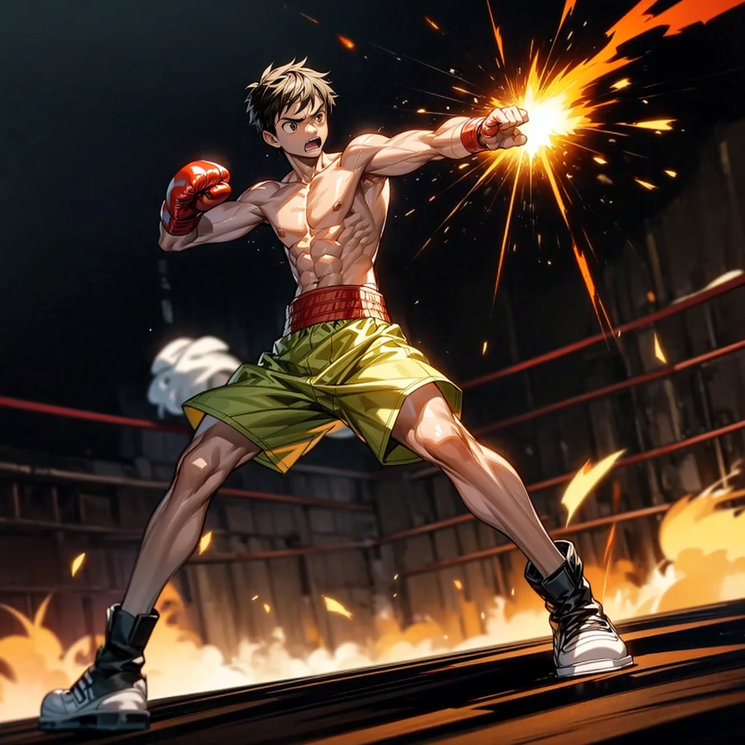 1boy, Full body version, 1character, brown eyes color, tan skin, bowl hairstyle, black colour hair, largest muscle, Boxing outfit clothing, boots, naked, Topless, naked body, Grassroots background in ring boxing, motion blur, (one piece style art), shadow, no weapon, boxing gloves, boxing, Plasma effect, smoke effect, fire effect, lighting eyes, angry, angry eyes, angry mouth, wind effect, (battle gesture), motion blur, His hands are on fire, boxing gloves are on fire, fire boxing gloves