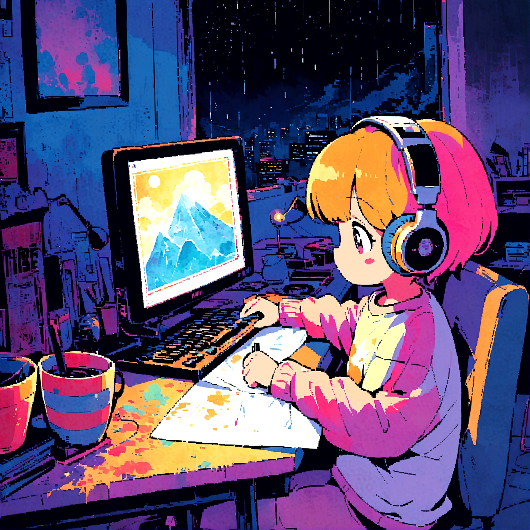 (zero), Girl studying in room, Reading a book, Wear headphones, , night lighting, Neon scenery on a rainy day,Analog Color Theme, Lo-fi Hip Hop , review, flat, 2.5D ,Draw a line, Ink painting, Large slope, Watercolor, Goosh Colors, Studio Ghibli style, Great colorful, Outerton, Synthwave, Lofi Art,90s Style,Old Texture, amplitude,90s vibe, Tabletop, Great technology, 16:9 Scale