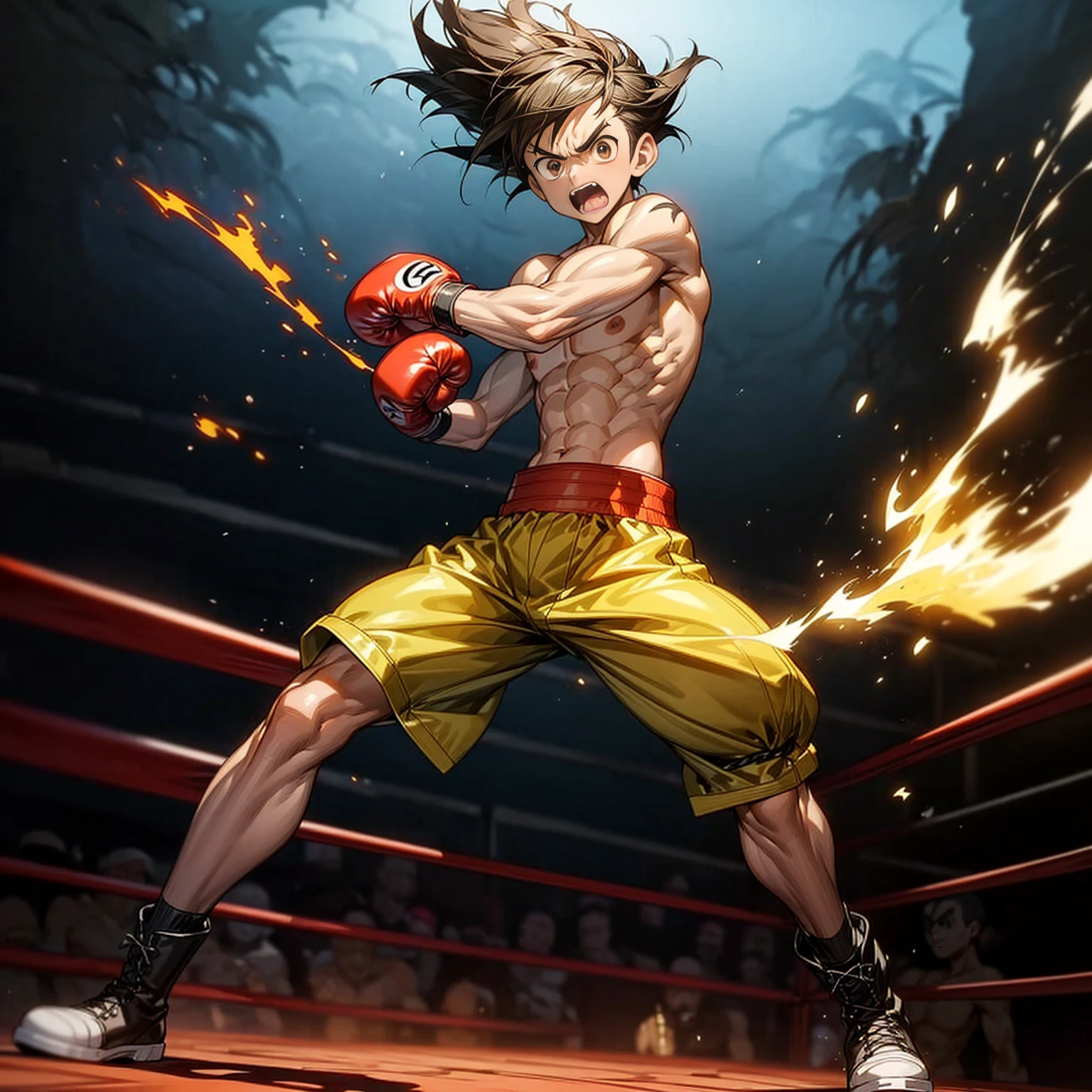 1boy, Full body version, 1character, brown eyes color, tan skin, bowl hairstyle, black colour hair, largest muscle, Boxing outfit clothing, boots, naked, Topless, naked body, Grassroots background in ring boxing, motion blur, (one piece style art), shadow, no weapon, boxing gloves, boxing, Plasma effect, smoke effect, fire effect, lighting eyes, angry, angry eyes, angry mouth, wind effect, (battle gesture), motion blur, His hands are on fire, boxing gloves are on fire, fire boxing gloves