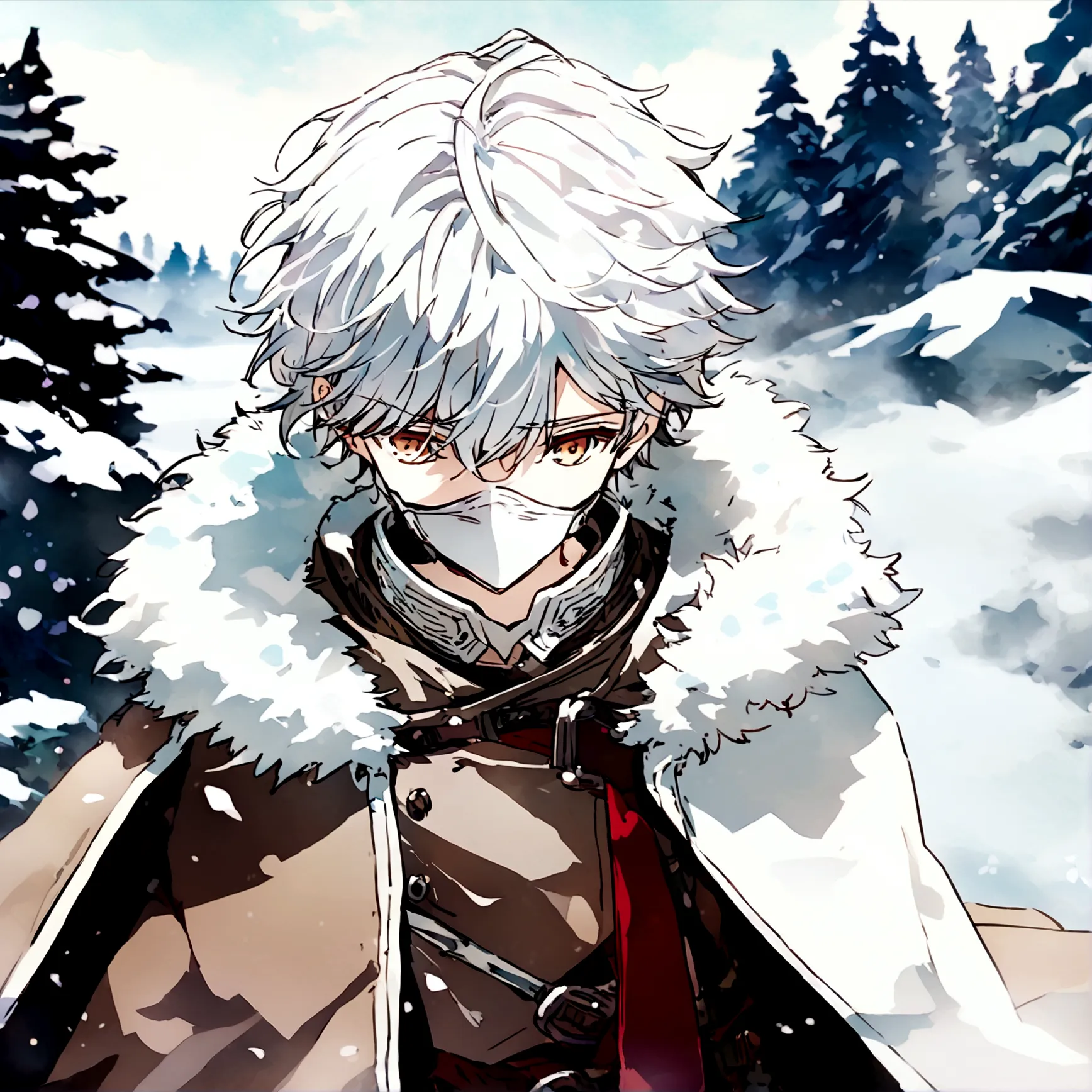 Anime male wearing white thick clothing, white messy hair, white plastic plain mask covering whole face
