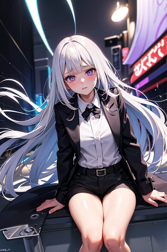 (Highest quality), (High resolution), (masterpiece), (Super detailed), Silver Hair, Long Hair, Blue and purple eyes, Blue Archive Art Style, One girl,  girl, Young Girl, Silky skin, Shiny skin, An athletic body, blush, Heavy breathing, chest, (Open clothes, Black long coat, White shirt, Black tie, Black trousers, My crotch is wet), Diagram from the front, (Bright saturation), Dripping love juice, Heart Pupil, Expression of pleasure, Trembling with sexual climax, Heavy breathing, Night Alley