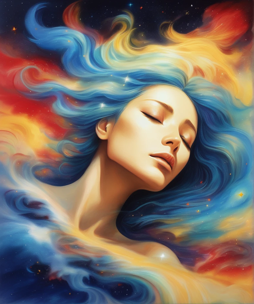 "Una pintura surrealista de una mujer con los ojos cerrados, su cabello se funde a la perfección en una vibrante mezcla de colores, incluindo azul, amarelo, E vermelho. El fondo es una escena cósmica con estrellas y una atmósfera de ensueño, transmitiendo una sensación de fluidez y movimiento. El ambiente general es pacífico e introspectivo, con los colores creando un efecto dinámico y etéreo."
