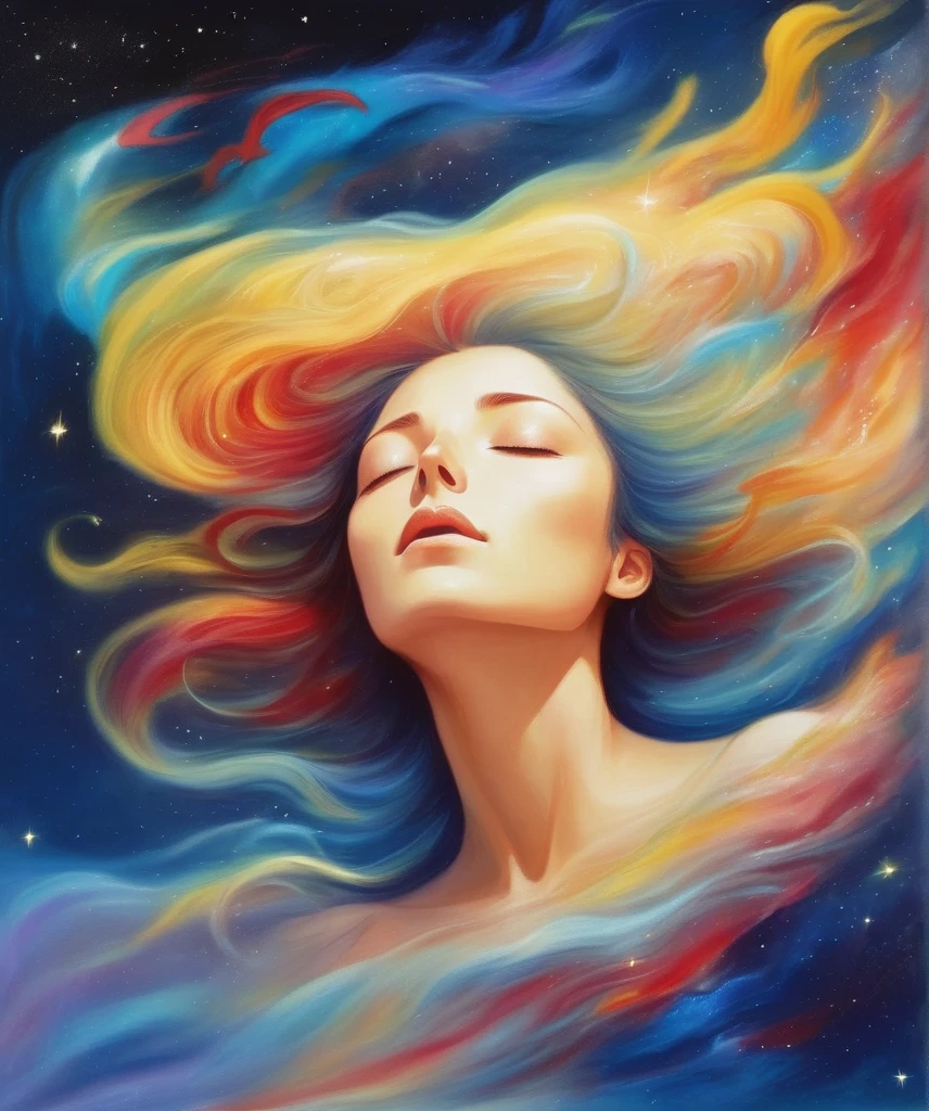 "目を閉じた女性のシュールな絵画, 彼女の髪は鮮やかな色彩のミックスにシームレスに溶け込んでいる, 青を含む, 黄色, そして赤. 背景は星と夢のような雰囲気の宇宙の風景です, 流動性と動きの感覚を与える. 全体的な雰囲気は穏やかで内省的である, 色彩がダイナミックで幻想的な効果を生み出します."
