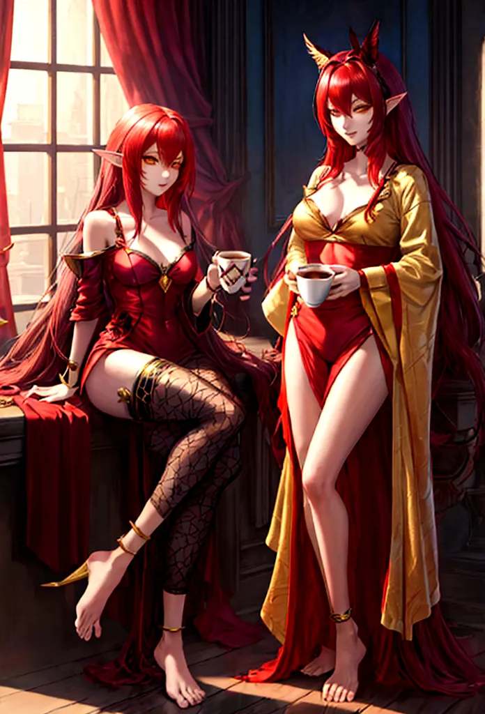 estilo league of legends, long hair redhead girl, with red feathered ears and sharp yellow eyes, full body, using rest set,pajam...