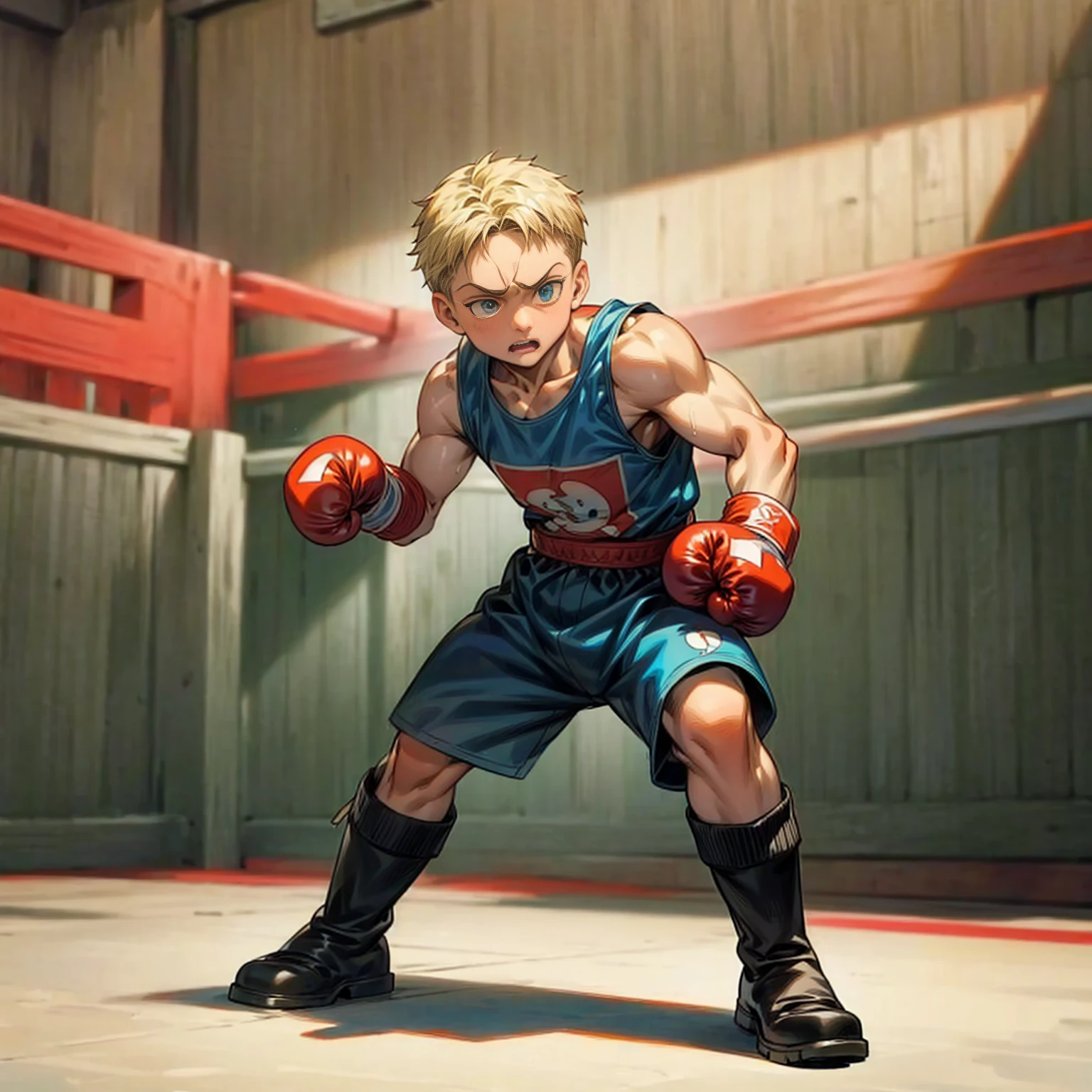 1little boy, Full body version, 1character, blue eyes color, tan skin, short hairstyle, blonde colour hair, his fat, Boxing outfit clothing, boots, Grassroots background in ring boxing, motion blur, (one piece style art), shadow, no weapon, boxing gloves, boxing, 