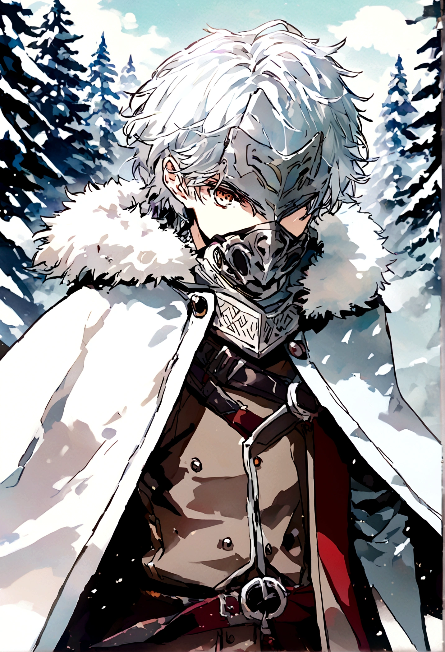 Anime male wearing white thick clothing, white messy hair, white plain helmet mask covering whole face, mask having a black symbol, mask is covering all mouth, eyes, chin, nose, and forehead