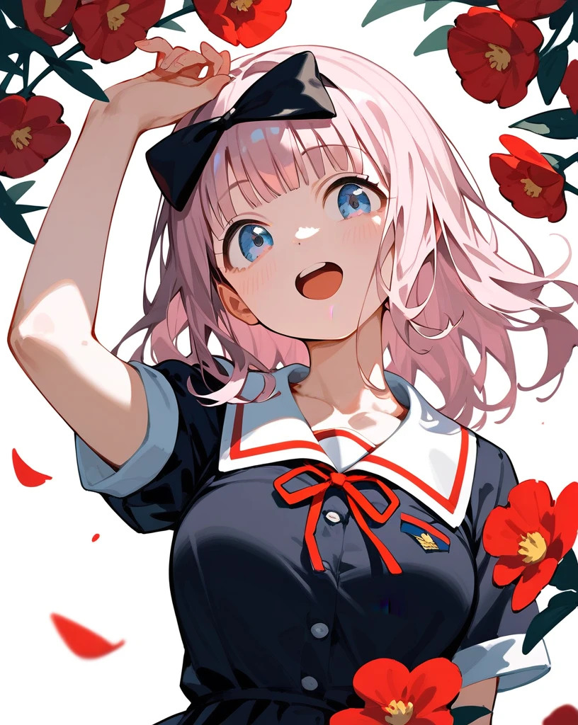 masterpiece,best quality,shuuchiin academy ,1girl,fujiwara chika,solo,summer uniform,black bow,open mouth,looking at viewer,red ribbon,short sleeves,:d,black dress,collarbone,white background,upper body,neck ribbon,flower,arm up,medium breasts,