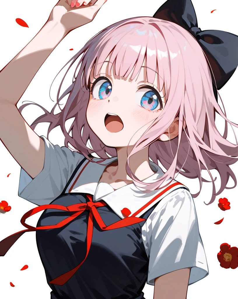 masterpiece,best quality,shuuchiin academy ,1girl,fujiwara chika,solo,summer uniform,black bow,open mouth,looking at viewer,red ribbon,short sleeves,:d,black dress,collarbone,white background,upper body,neck ribbon,flower,arm up,medium breasts,