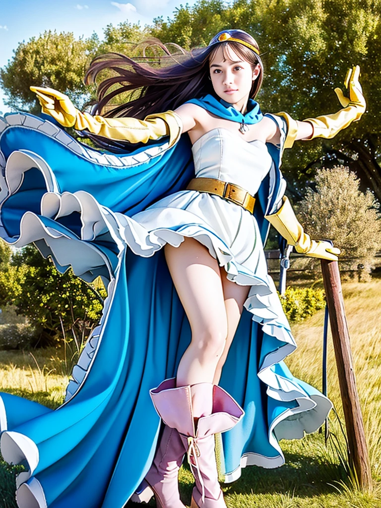 sage_(dq3), 
(walking), (the vast grasslands:1.6), (strong wind blows up dress:2.0), (reveals panties:2.0), 
(long_blue_hair), (small_breast), (cleavage), (nipples), (bare_shoulders), 
(circlet:1.6), ((yellow_gloves:1.6)), (white_dress:1.8), (belt_bag:1.6), (blue_cape:1.6), (yellow_knee-high_boots:1.6), (frilled_pink_panties:1.6), 
(holding a wooden long staff), 
(cowboy shot), (blue sky), (from below), 
detail face, (photorealistic:1.4), ultra high res, best quality, ((detailed facial features)), 8k resolution,
