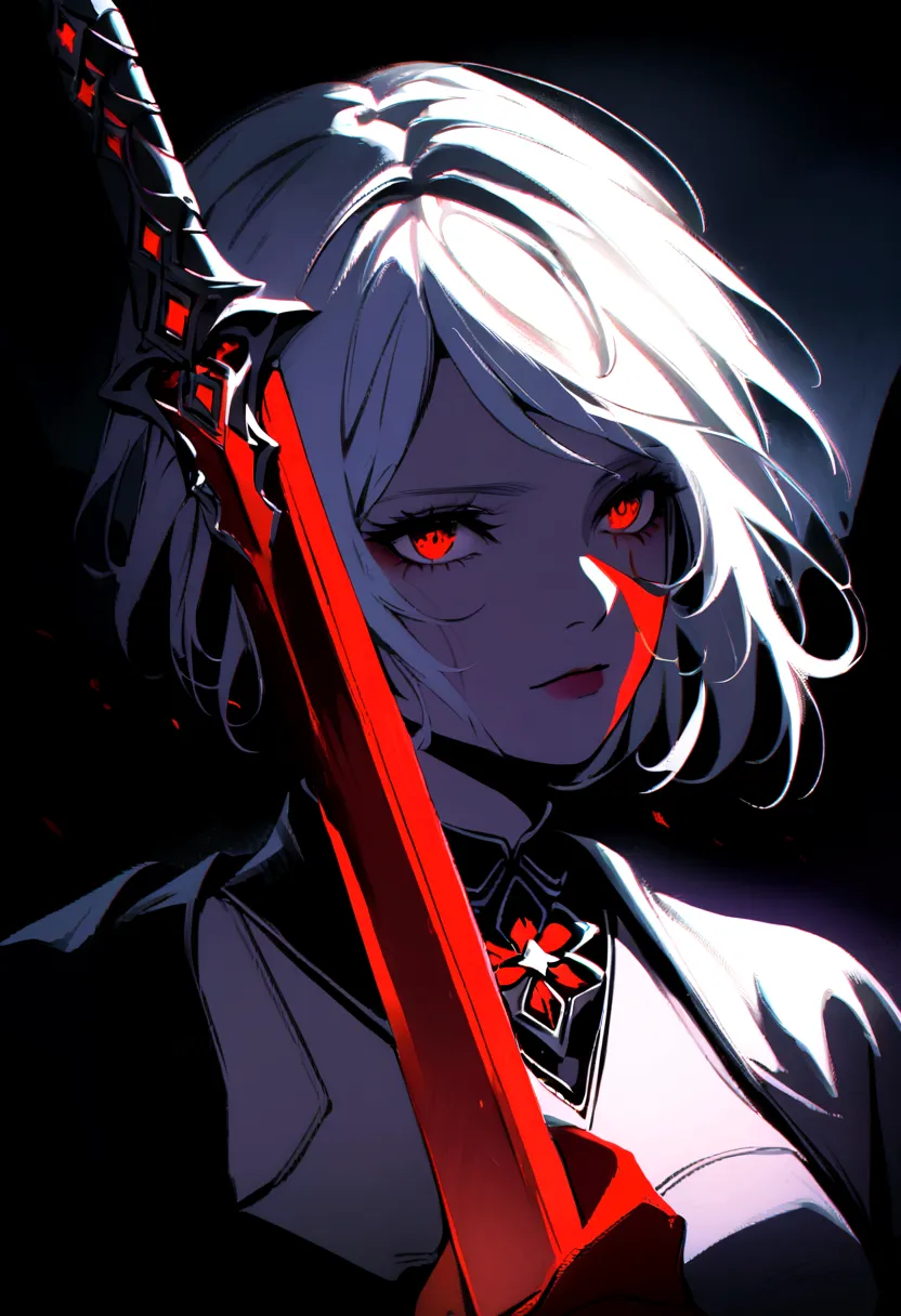 a woman with white hair with red streaks, a neutral facial expression, detailed red eyes, holding a large red sword, in a dark p...