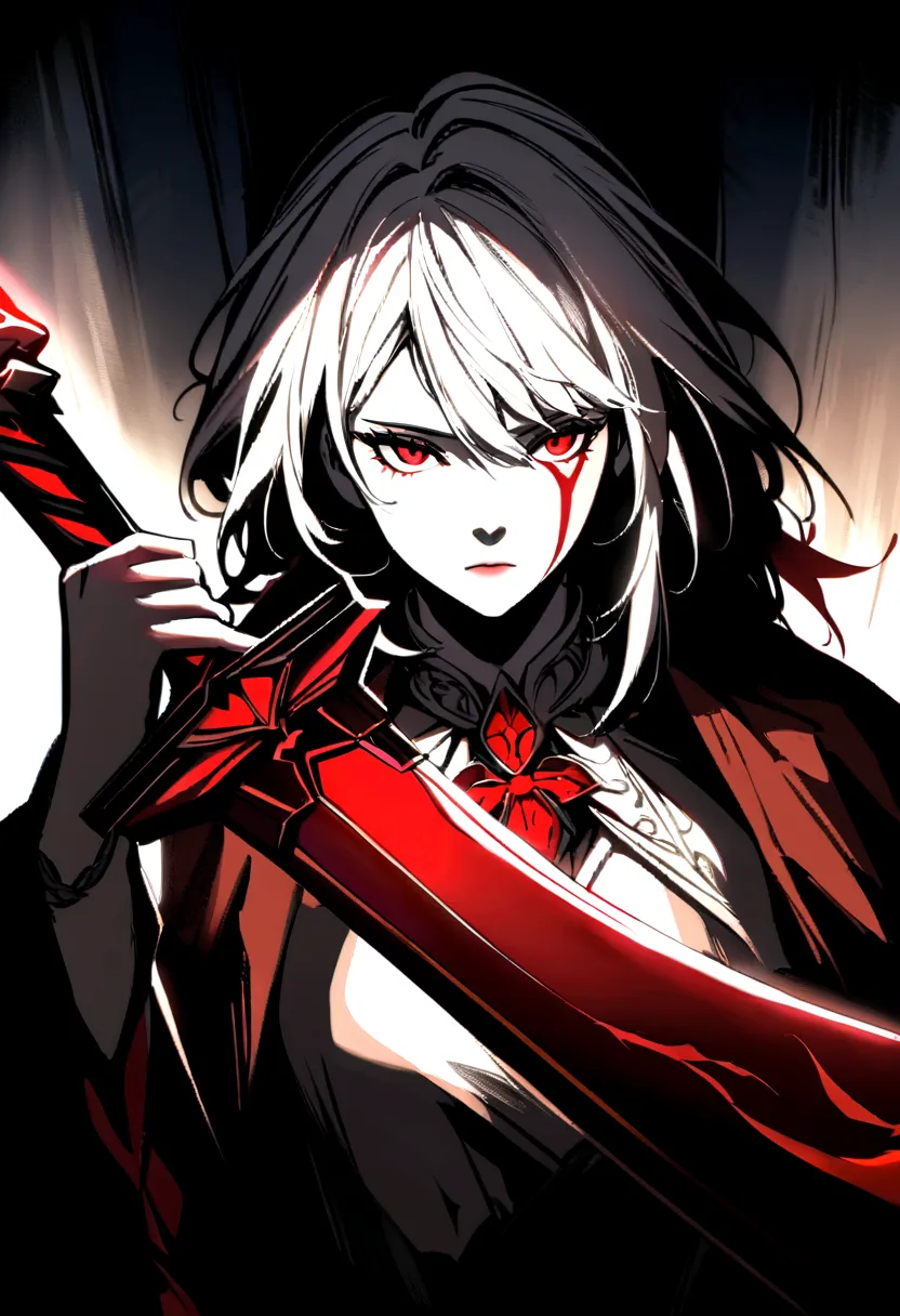 a woman with white hair with red streaks, a neutral facial expression, detailed red eyes, holding a large red sword, in a dark p...