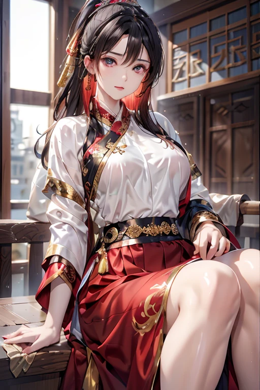 ((You are a beautiful woman.)), Fei Yu_robes, hips up, Scenery of ancient Chinese houses, Evening, red mouth, High nose, big breasts, red cloth, Gold Embroidery, black embroidered gold, dark red hair, high ponytail, depth of field, สาวสวยกับdetailsที่สวยงาม, European face, ดวงตาและใบหน้าที่Very detailed，robesdetailsมาก, The resolution is incredibly ridiculous.， hugeFilesize， ไฮเปอร์details， High resolution， Very detailed， best quality， Masterpiece, The resolution is incredibly ridiculous., illustration， มีdetailsและสวยงามเป็นพิเศษ，official art, Very detailed， CG， unity， 8k wallpaper， Surprisingly， details， Masterpiece， Highest quality, วอลล์เปเปอร์ CG unity 8k ที่มีdetailsมาก（Perfect shiny skin：0.6）Best shots)), ((Masterpiece)), (details),