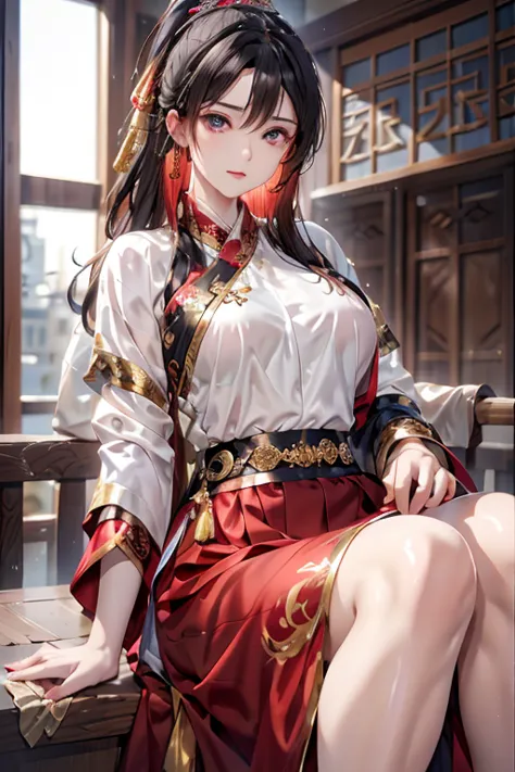 ((You are a beautiful woman.)), Fei Yu_robes, hips up, Scenery of ancient Chinese houses, Evening, red mouth, High nose, big bre...