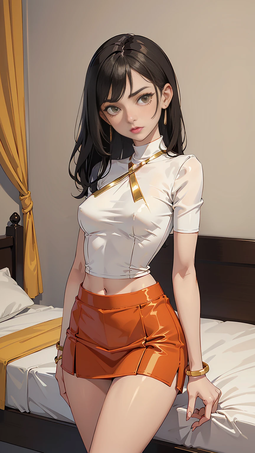 Beautiful woman with short straight black hair with green eyes wearing Orange Tight Skirt, Sexy Criss Cross Mock Neck Short Sleeves White Blouse, luxurious jewelry, 18k gold wedding ring on left hand, standing in her bedroom at night, (caucasian skin), (light brown lipstick), (elegant mascara), (slim body), (small breasts), (wide hips), midjourney, <lora:GoodHands-, <lora:GoodLegs-, UHD, high resolution, (expressive eyes, perfect face, full body, expressive face, perfect body, perfect pussy, athletic, fit, slim body, blushing, Perfect makeup, eyeliner, beautiful eyelashes, smiling, horny face), ((best illumination, best shadows)), ((sexy pose))