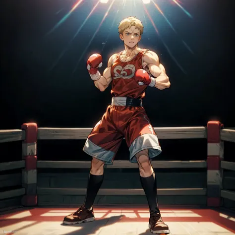 1boy, full body version, 1character, blue eyes color, tan skin, short hairstyle, blonde colour hair, muscle, boxing outfit cloth...