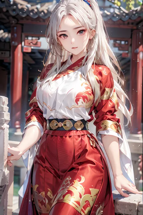 ((you are a beautiful woman.)), fei yu_robes, hips up, scenery of ancient chinese houses, evening, red mouth, high nose, big bre...