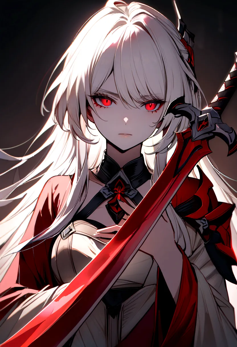 woman with white hair with red streaks, a neutral facial expression, detailed red eyes, holding a large red sword, in a dark pla...