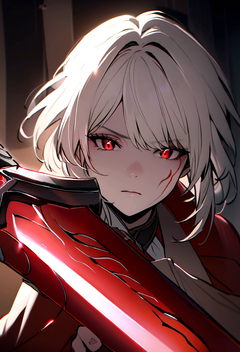 woman with white hair with red streaks, a neutral facial expression, detailed red eyes, holding a large red sword, in a dark place
