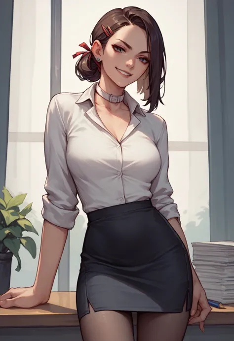 1 woman, nicole starts, hair ribbon, hairpin, alone, office lady, white collar shirt, pencil skirt, black pantyhose,  smirk, loo...