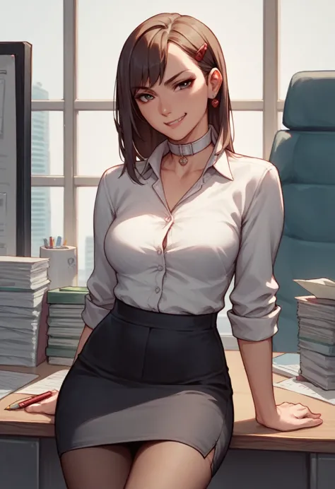 1 woman, nicole starts, hair ribbon, hairpin, alone, office lady, white collar shirt, pencil skirt, black pantyhose,  smirk, loo...