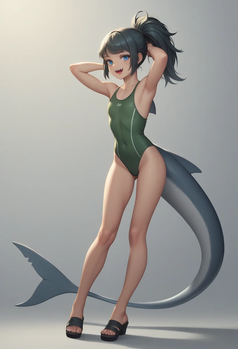 childish, cute, sassy, ​​athletic, gray skin, shark girl, ponytail hairstyle, blue eyes, sharp teeth, flat chest, pert butt, shark tail, naughty smile, green sports swimsuit, black sandals, skating fearlessly through the sea, anime fantasy, cinematic, Z-TON style, masterpiece, dynamic view, full body,