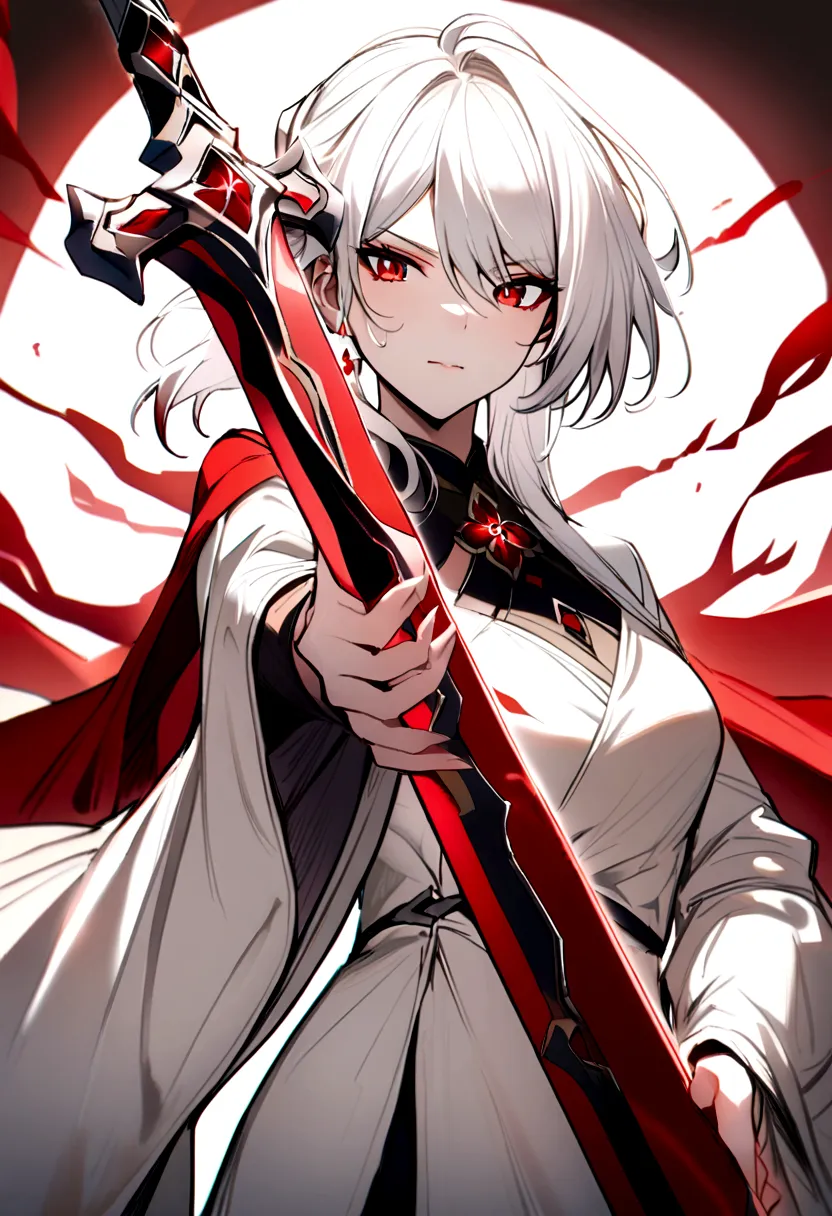 woman with white hair with red streaks, a neutral facial expression, detailed red eyes, holding a large red sword,
