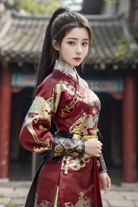 Fei Yu_robes， red cloth， Gold Embroidery， black embroidered gold， high ponytail， depth of field， Ancient Chinese scenery， 1 girl...