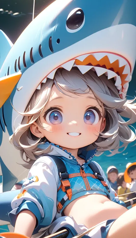 A cute little girl, Wearing a cute blue shark fishing outfit, Tilt your head and look at people with a smile.Close-up of charact...