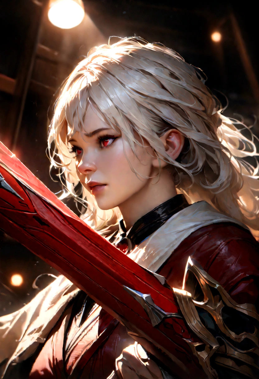 a woman with white hair and red streaks, neutral facial expression, detailed red eyes, holding a large red sword, digital art, fantasy, highly detailed, cinematic lighting, dramatic atmosphere, volumetric lighting, photorealistic, 8k, masterpiece, (best quality, 4k, 8k, highres, masterpiece:1.2), ultra-detailed, (realistic, photorealistic, photo-realistic:1.37), HDR, UHD, studio lighting, ultra-fine painting, sharp focus, physically-based rendering, extreme detail description, professional, vivid colors, bokeh