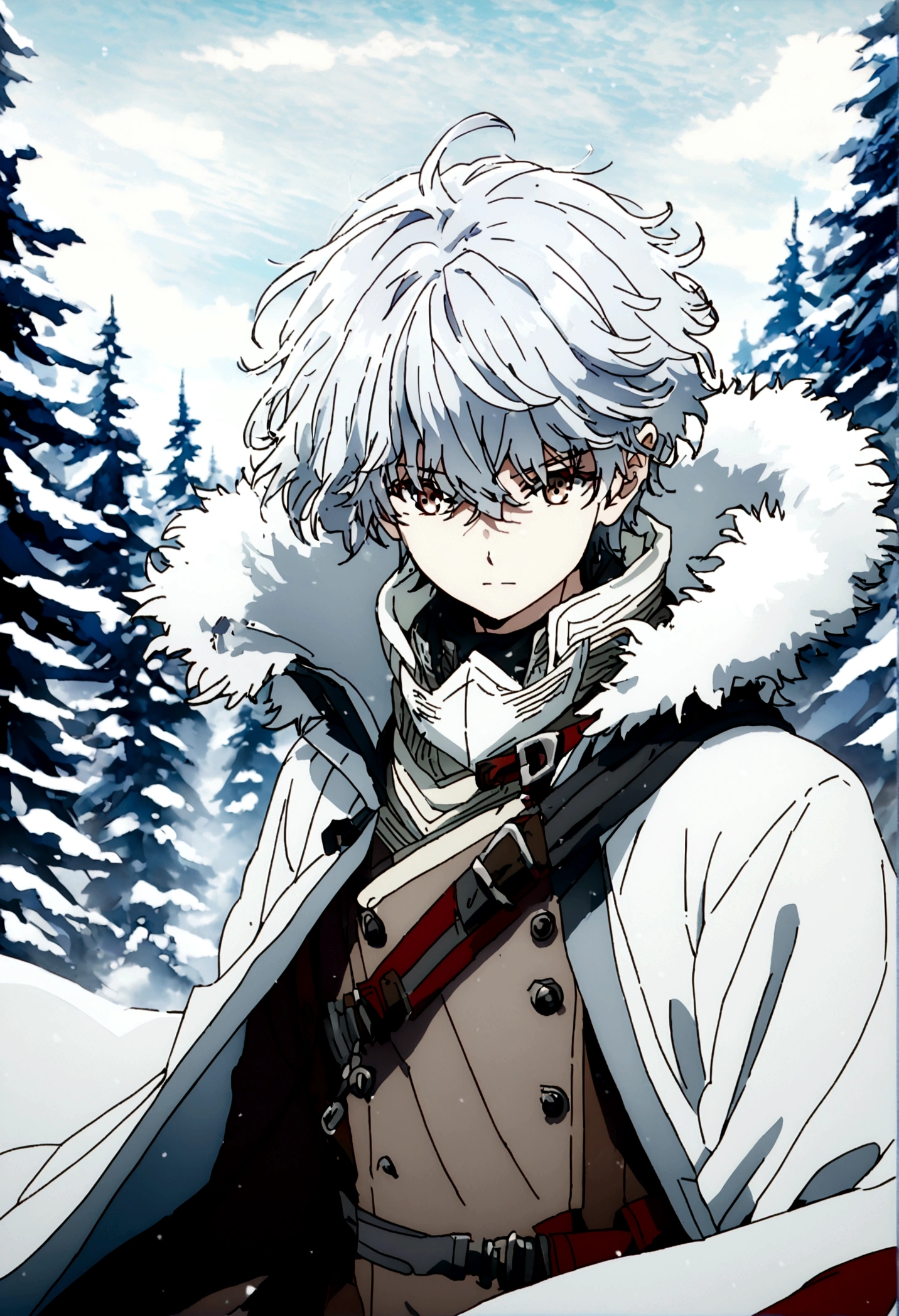 Anime male wearing white thick clothing, white messy hair, white clothing, white plain mask, face is hidden, long white scarf, scarf getting blown by wind