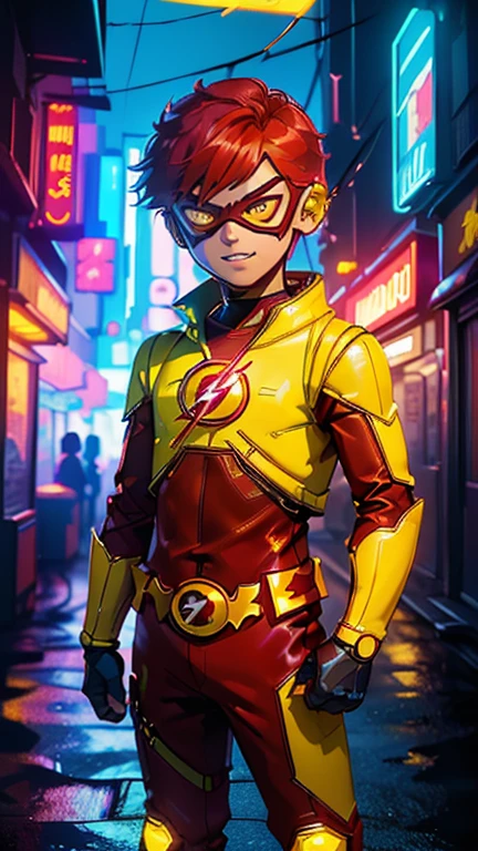 best quality,masterpiece,1boy,solo,(((13years old))),japanese boy,an extremely cute and handsome boy,highly detailed beautiful face and eyes,petit,cute face,lovely face,baby face,shy smile,show teeth, red hair,Short hair,flat chest,skinny,slender,(((wearing a Kid Flash costume,yellow hero mask style))),(((standing in Dark Midnight Neon Glow light Cyberpunk metropolis city))),he is looking at the viewer,