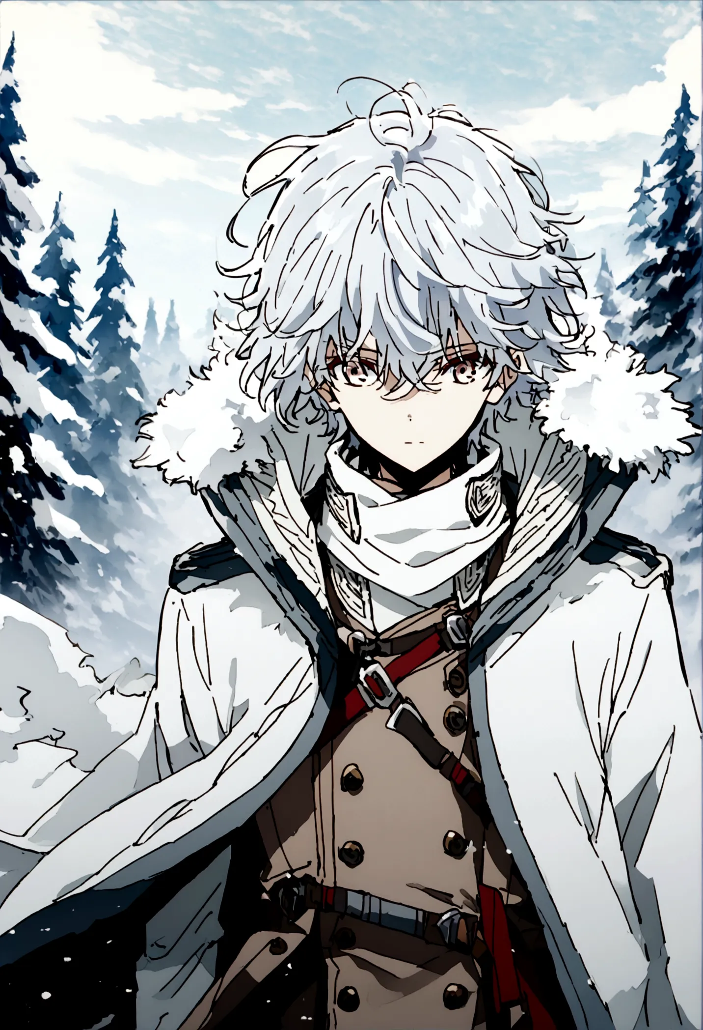 Anime male wearing white thick clothing, white messy hair, white clothing, face is hidden, long white scarf, scarf getting blown...
