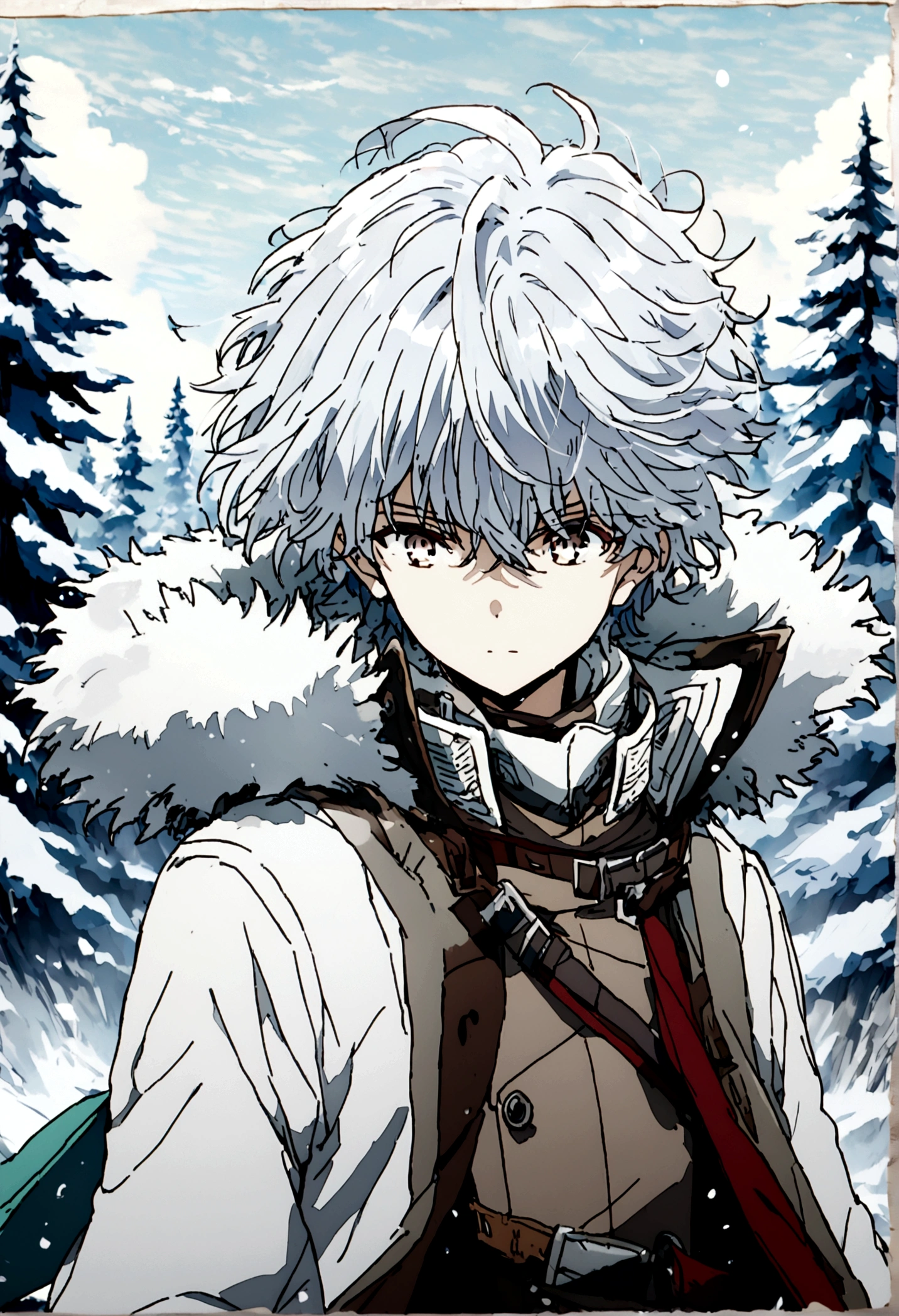 Anime male wearing white thick clothing, white messy hair, white clothing, face is hidden, long white scarf, scarf getting blown by wind, mask